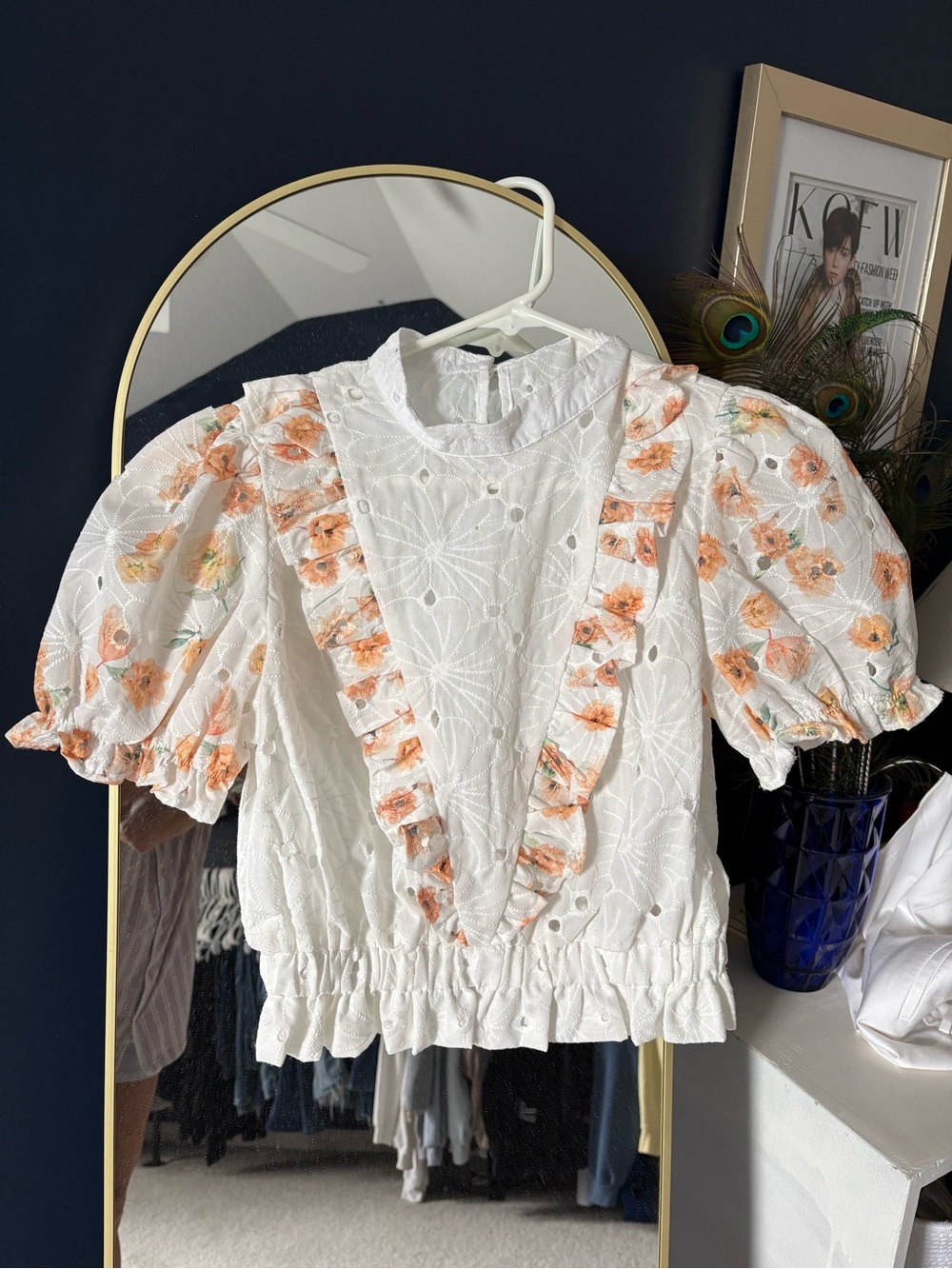 Ina White Eyelet Blouse with Peach Floral Ruffle Trim